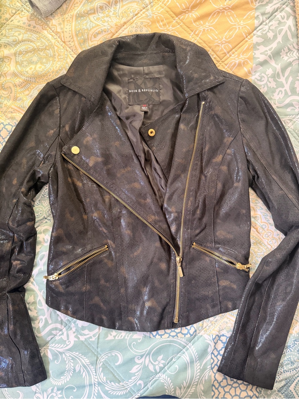 Rock & Republic Shimmering Black Asymmetrical Moto Jacket
